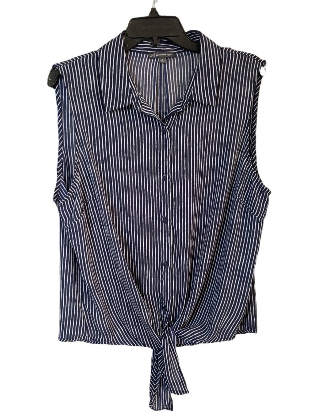 Adrianna Papell Navy White Striped Tie Front Sleeveless Blouse XL